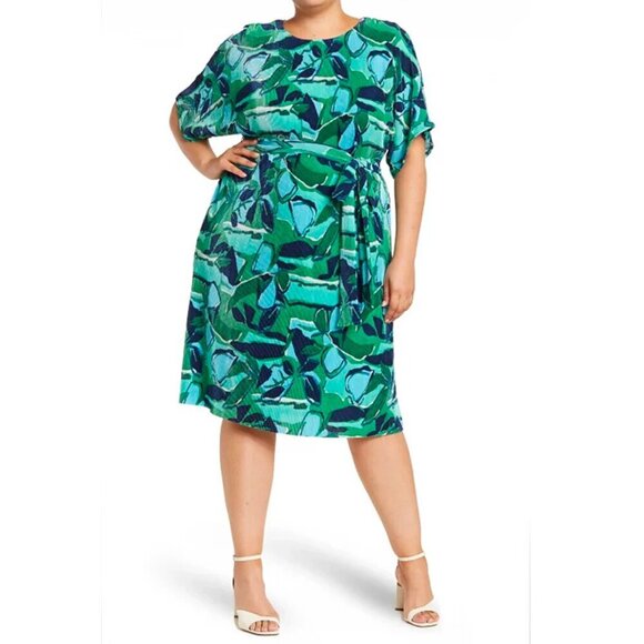 London Times Size 3X Plus Ribbed Green Blue Belted Dress Belted Stretch Sleeves - Picture 1 of 13